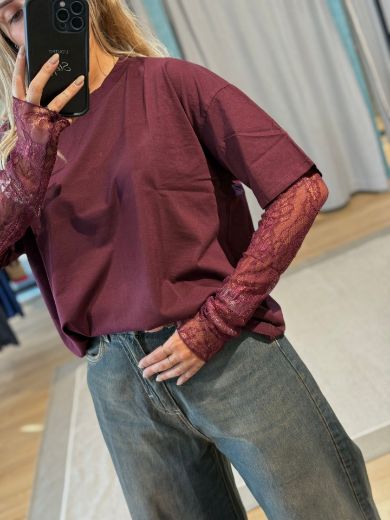 Immagine di T-SHIRT MANICA PIZZO - Disponibile in VERDE, ROSA, NERO, MARRONE, BIANCO, AZZURRO, BORDEAUX