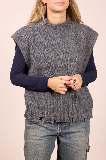 Immagine di GILET IN MAGLIA CON ROTTURE - Disponibile in MARRONE, GRIGIO, PANNA