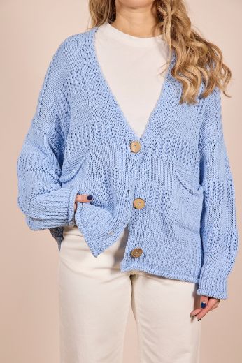 Immagine di CARDIGAN 3 BOTTONI RIGHE - Disponibile in PANNA, NOCCIOLA, CIELO