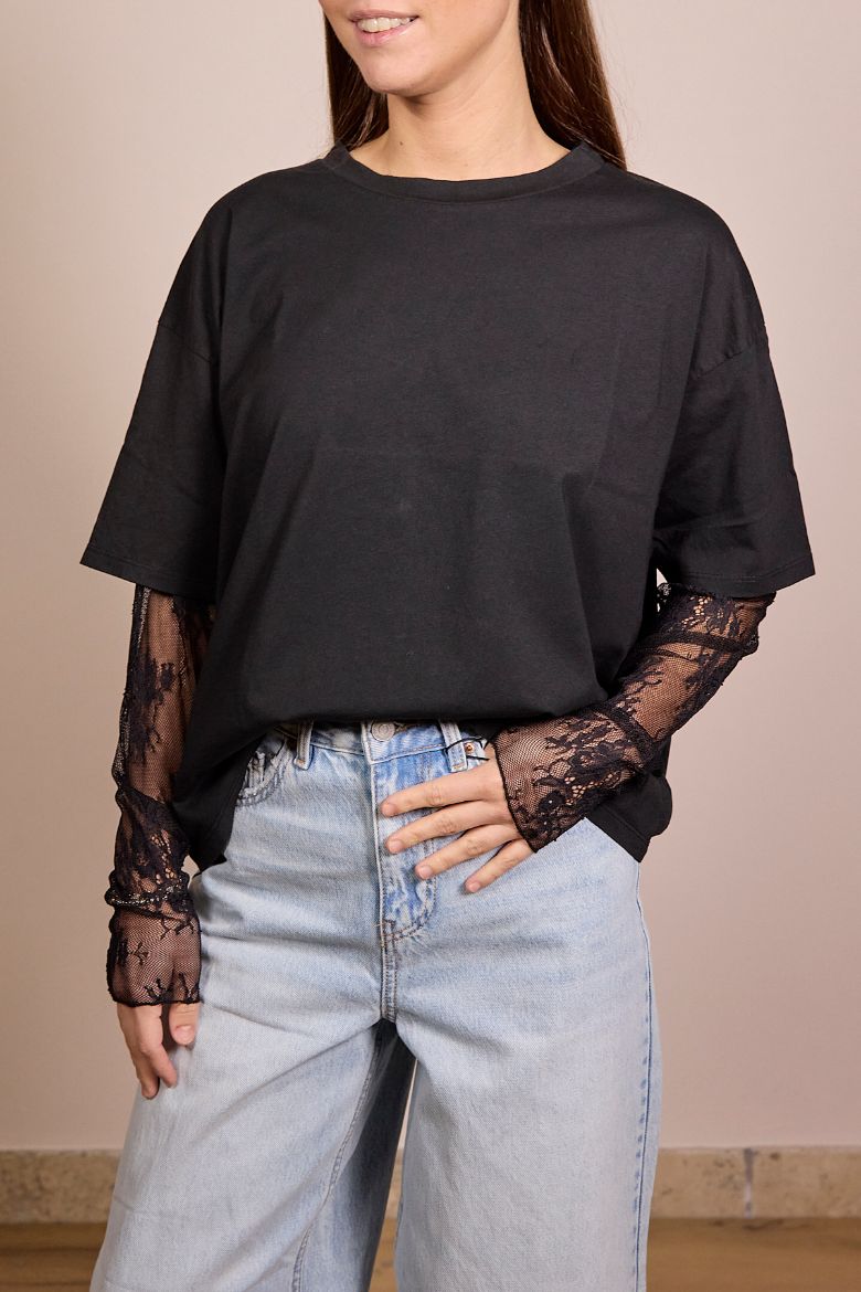 Immagine di T-SHIRT MANICA PIZZO - Disponibile in ROSA, NERO, GIALLO, BIANCO, VERDE SALVIA, MARRONE