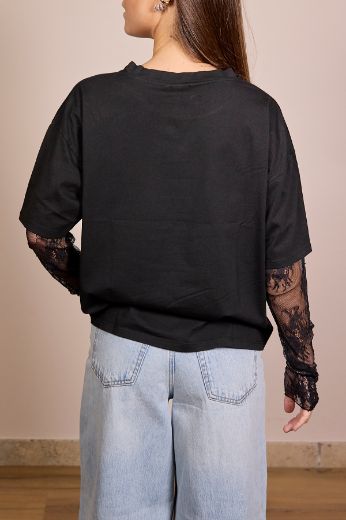 Immagine di T-SHIRT MANICA PIZZO - Disponibile in ROSA, NERO, GIALLO, BIANCO, VERDE SALVIA, MARRONE