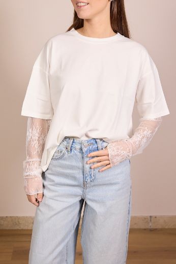 Immagine di T-SHIRT MANICA PIZZO - Disponibile in ROSA, NERO, GIALLO, BIANCO, VERDE SALVIA, MARRONE