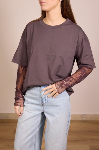 Immagine di T-SHIRT MANICA PIZZO - Disponibile in ROSA, NERO, GIALLO, BIANCO, VERDE SALVIA, MARRONE