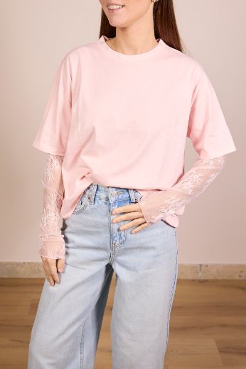 Immagine di T-SHIRT MANICA PIZZO - Disponibile in ROSA, NERO, MARRONE, GIALLO, BIANCO