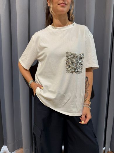 Immagine di T-SHIRT TASCHINA PAILLETTES - Disponibile in NERO, BIANCO